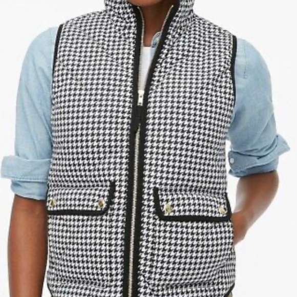J Crew Houndstooth puffer vest women’s with snap pockets Black/White size L - Picture 2 of 8